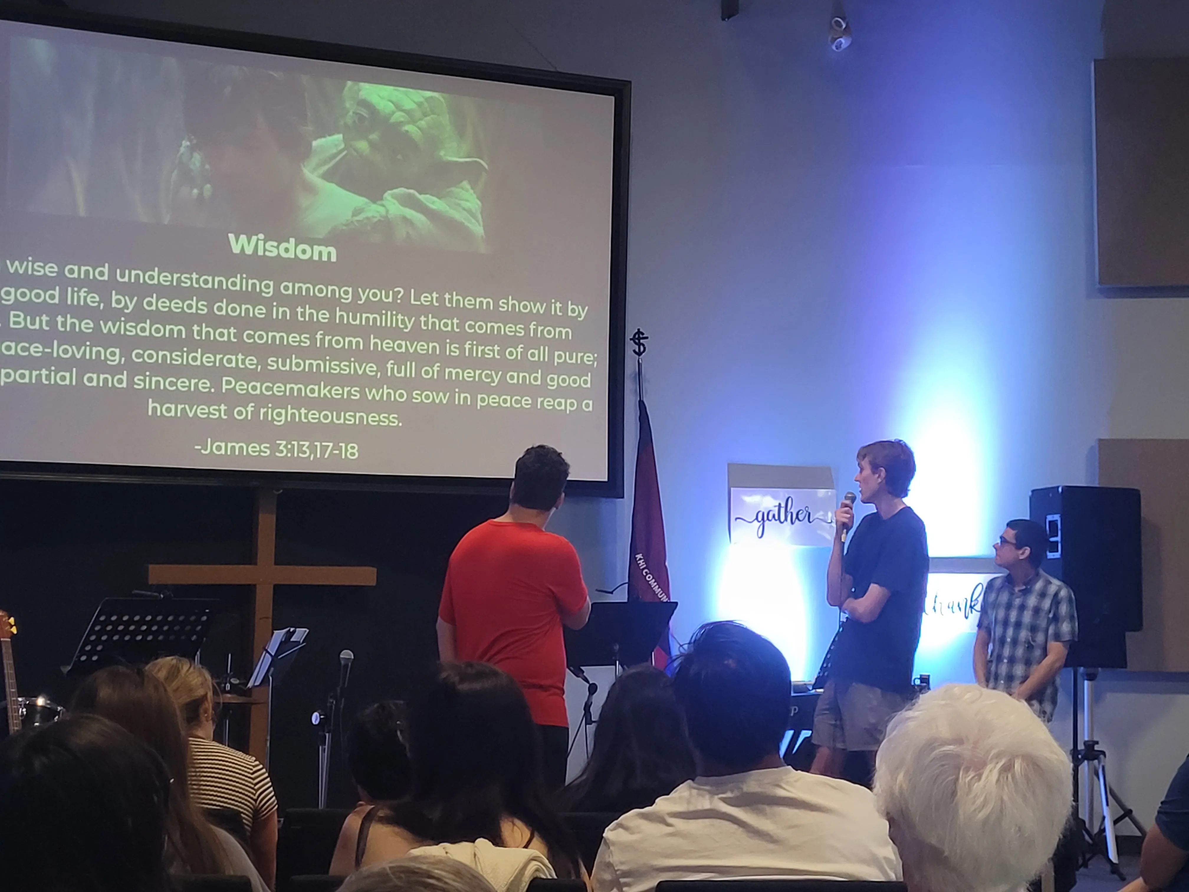 Young men lead a prayer presentation during a Sunday service